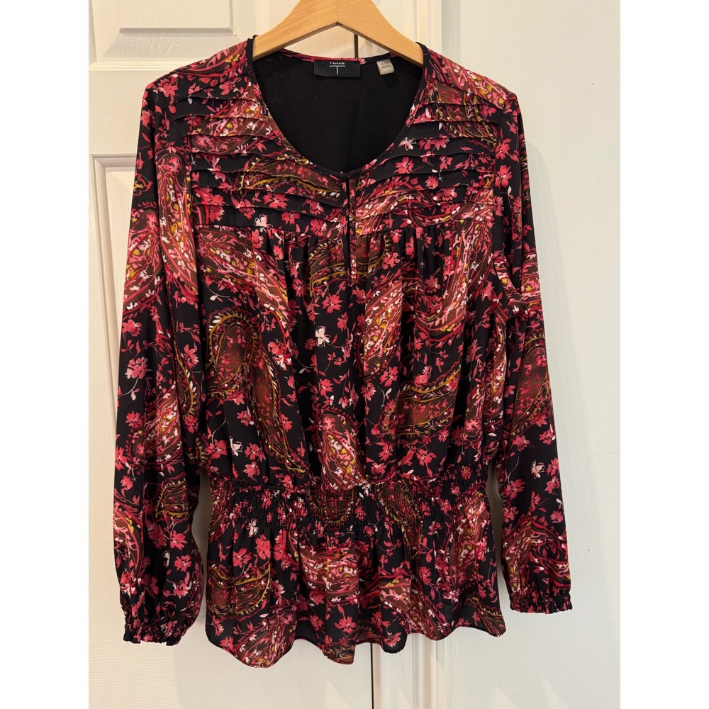 Tahari T Womens XL Pink‎ Red Paisley Floral Smocked Waist Blouse Long Sleeve Top